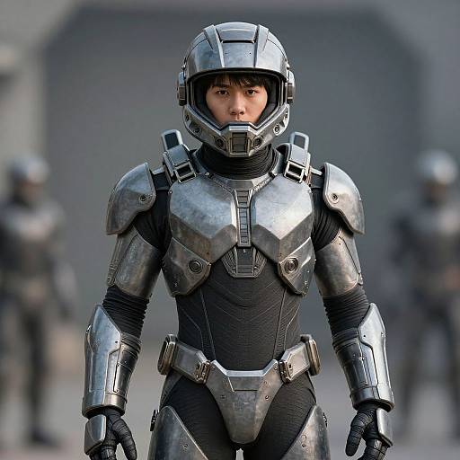 Photograph of an Asian male in futuristic, metallic sci-fi armor with a helmet, standing focused with two blurred figures in the background.