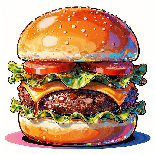 Vibrant digital illustration of a juicy cheeseburger with sesame seed bun, melted cheese, lettuce, tomato, and beef patty, dripping with cond