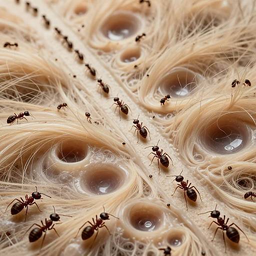Close-up photograph of tiny black ants crawling on a textured surface with numerous small, shiny, circular depressions surrounded by fine, beige, hair-like fibers