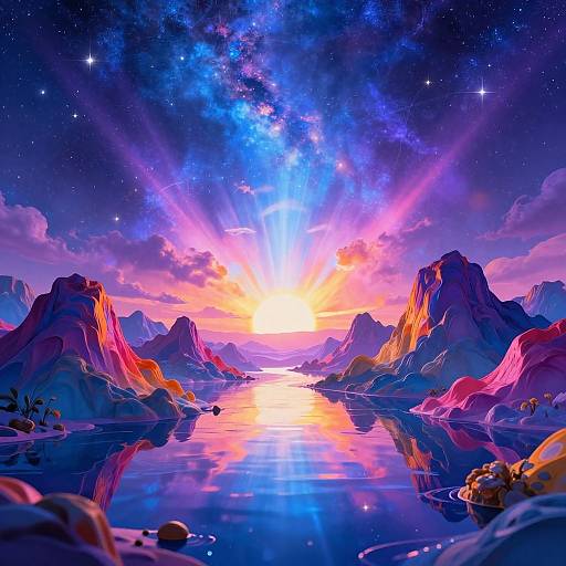 Vibrant digital artwork of a cosmic sunrise over a reflective mountain lake, with glowing stars and a vibrant, colorful sky.