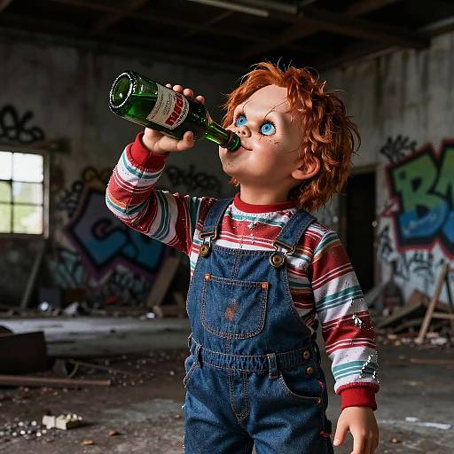 Photorealistic CGI of a red-haired, blue-eyed toddler in striped shirt and denim overalls, drinking from a green bottle in a graffiti-covered,