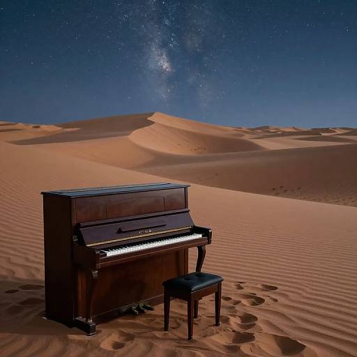 Photograph of a black upright piano and stool in a starry desert, with rolling sand dunes under a clear night sky.