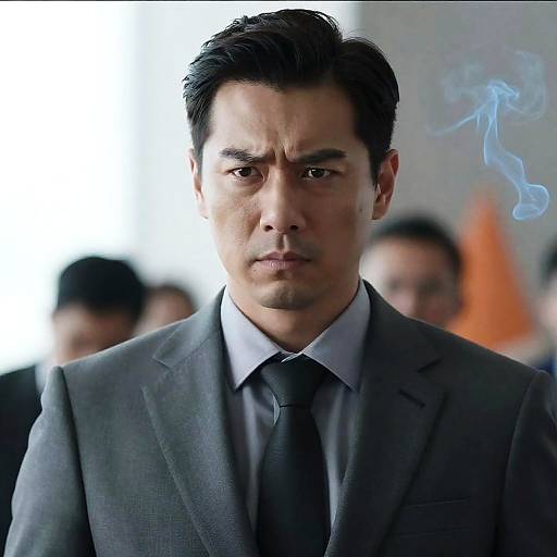 Serious Man in Gray Suit with Smoke