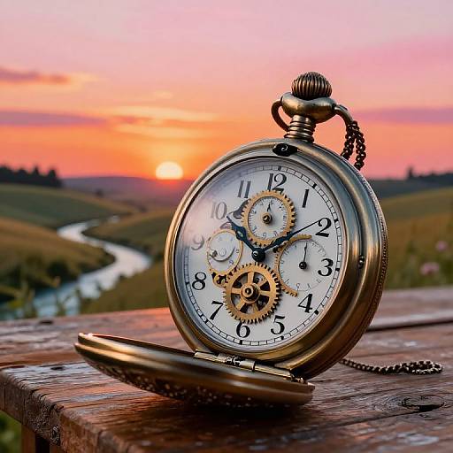 Photograph of a vintage brass pocket watch with exposed gears, open on a wooden railing, against a vivid sunset over rolling hills.