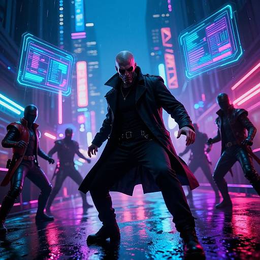Cyberpunk city street at night, neon lights, bald man in black trench coat, menacing stance, four shadowy figures, wet reflective ground,