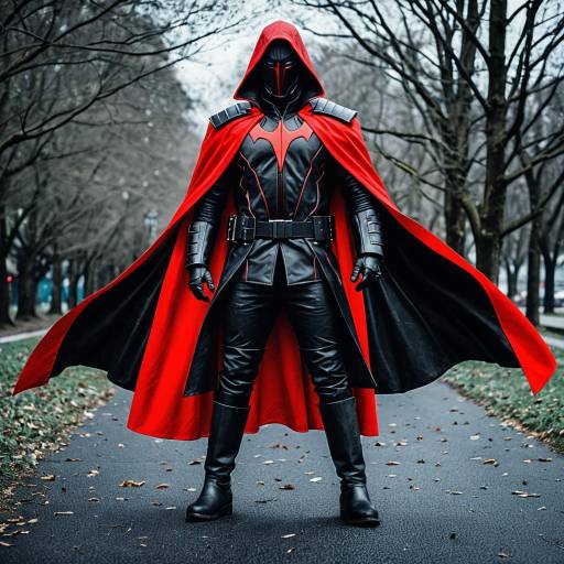 Cosplayer in Black Leather and Red Cape Costume