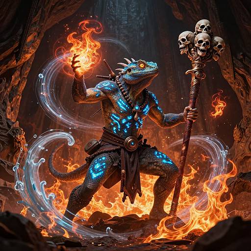 Digitally illustrated dragon warrior in a fiery cave, glowing blue scales, holding a skull staff, conjuring fire with an outstretched hand. Bright