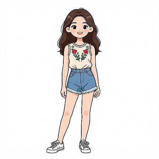 Digital drawing of a cute anime-style girl with long brown hair, wearing a white floral top, blue high-waisted shorts, and white sneakers,