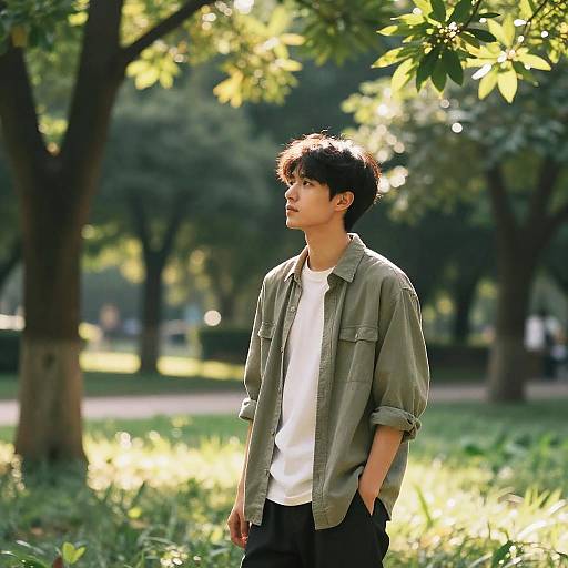 Photograph of an Asian young man with short black hair, wearing a green shirt over a white t-shirt, standing in a sunlit park, looking