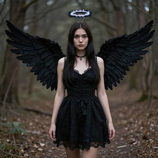 Photograph of a pale-skinned woman with long black hair, black lace dress, and large black feathered wings, standing in a forest path,