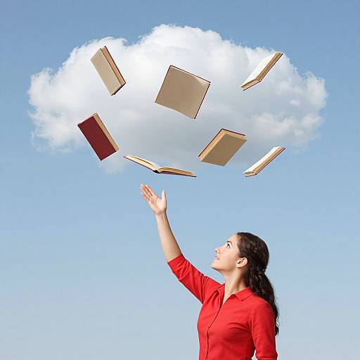 Photograph of a young woman with dark hair in a red shirt, raising her hand, as books float above a white cloud against a blue sky.