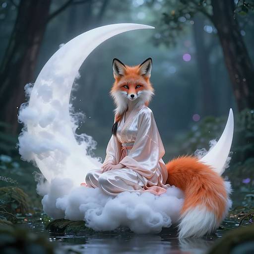 Digital artwork of an anthropomorphic fox in a white kimono, sitting on a glowing crescent moon amidst a mystical forest.