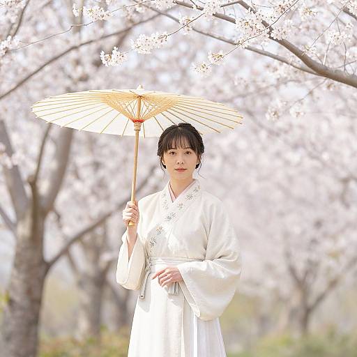 Photograph of a Japanese woman in a white kimono, holding a traditional paper parasol, standing under blooming cherry blossoms.