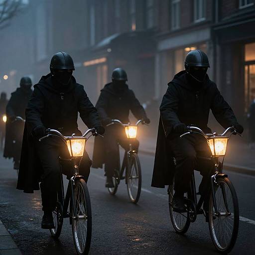 Photograph of four cyclists in dark coats and helmets riding through a foggy, blue-lit urban street at dusk, with glowing front bike lights.
