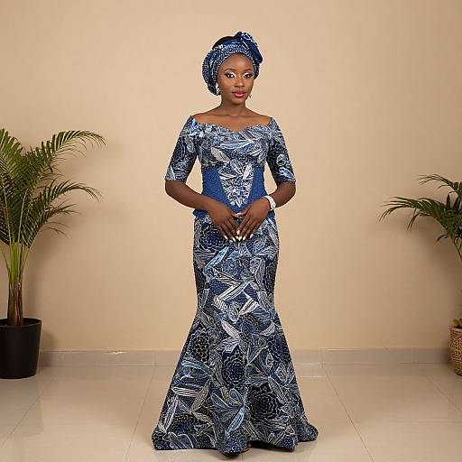 Photograph of a beautiful Black woman in a blue and white patterned off-shoulder gown, matching headwrap, standing in front of a beige