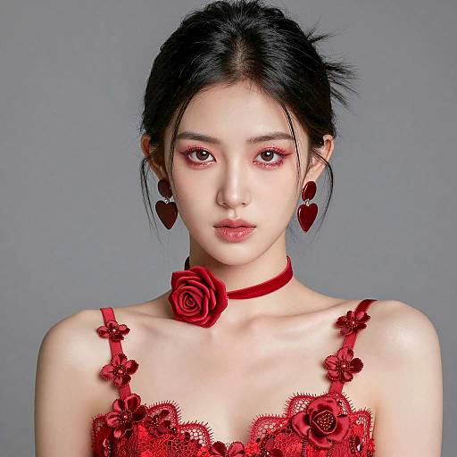 Asian Woman in Red Lace Dress with Rose Choker