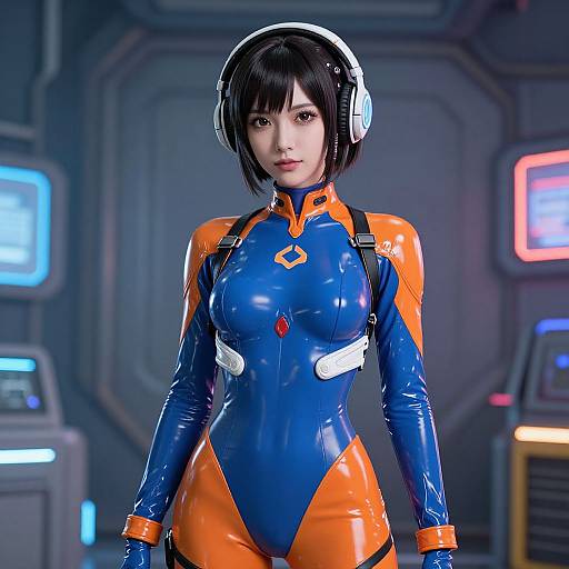 Photorealistic CGI of an Asian woman in a shiny blue and orange latex bodysuit, white headphones, short black hair, standing in a futuristic