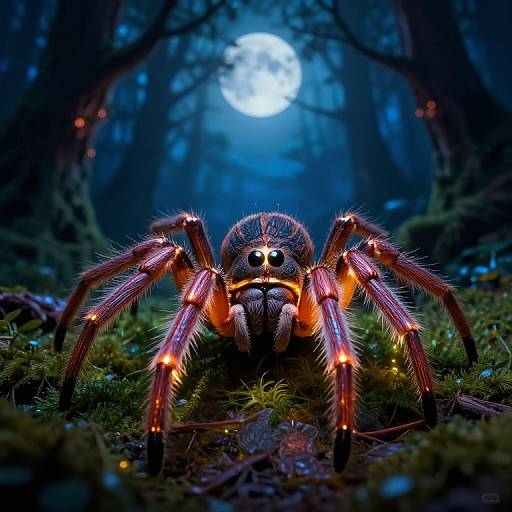 Digital artwork of a glowing, fiery-red, spider with menacing eyes, in a dark, moonlit forest. Detailed fur and bioluminescent legs