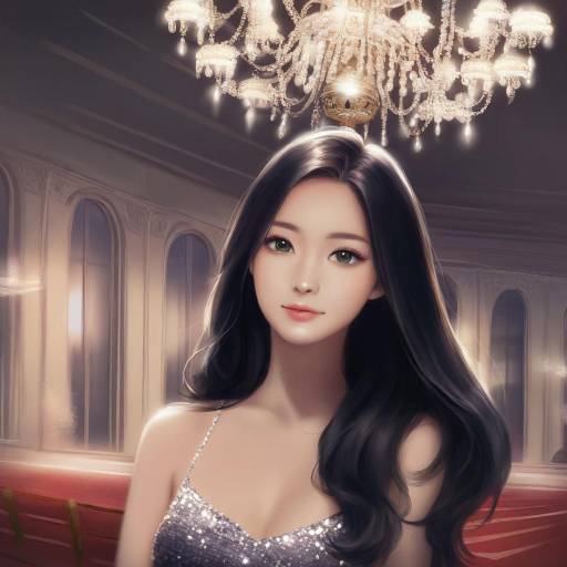 Elegant Woman in Ballroom with Chandelier