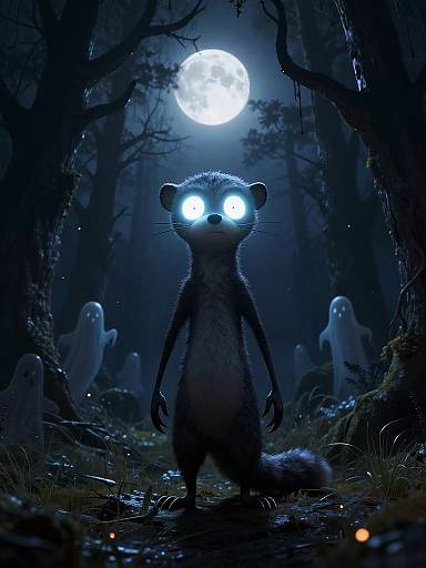 Digital artwork: Scary anthropomorphic ferret with glowing blue eyes stands in a dark, moonlit forest, surrounded by ghostly figures.
