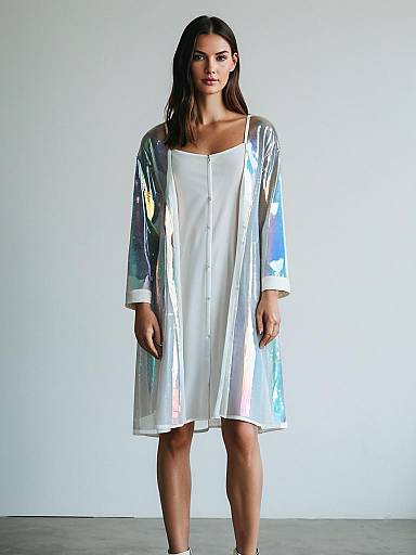 Woman in Iridescent Sheer Coat and White Dress