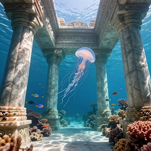 Photograph of an underwater scene featuring a translucent jellyfish swimming beneath ancient, marble-columned ruins with colorful coral and fish.