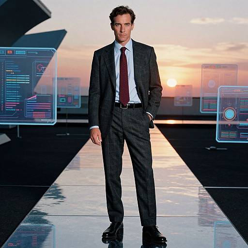 Photograph of a handsome man in a dark pinstripe suit, white shirt, and red tie, standing on a reflective runway at sunset, with