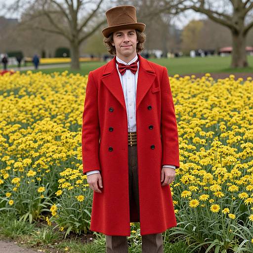 Photograph of a man with curly brown hair, wearing a brown top hat, red double-breasted coat, white shirt, red bow tie, and