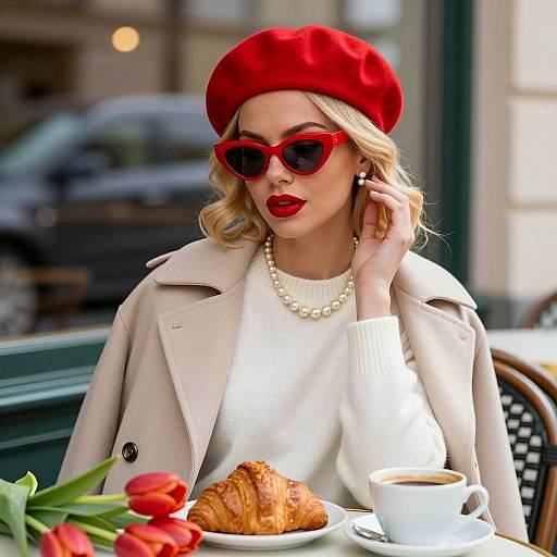 Stylish woman enjoying coffee and croissant at cafe