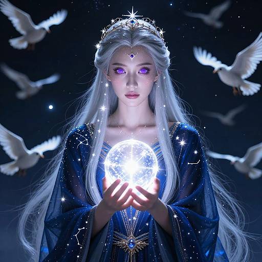 Digital art of a ethereal white-haired woman with glowing purple eyes, holding a radiant, starry orb, surrounded by white doves, wearing a