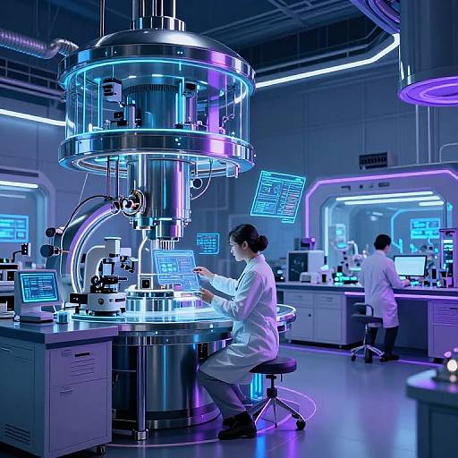 Photograph of a futuristic laboratory with blue neon lighting, scientists in white coats working at high-tech equipment, holographic screens, and sleek metallic surfaces.