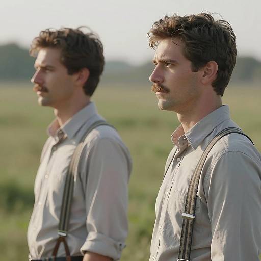 Two men outdoors with suspenders and mustaches