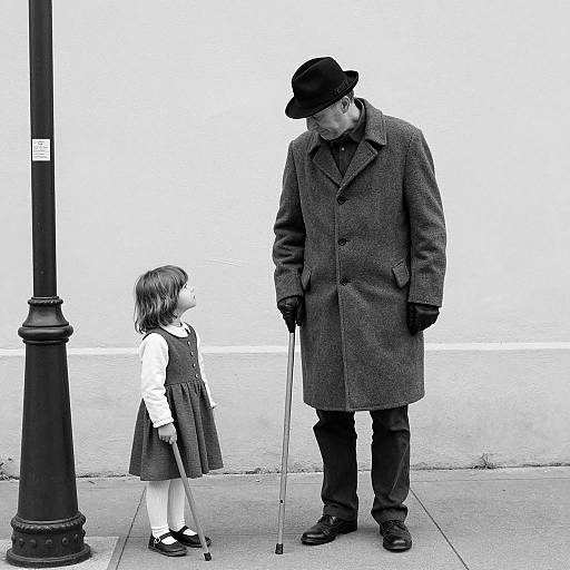 Black-and-White Street Scene with Man and Girl