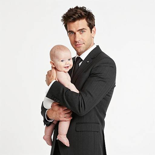 Man in Pinstriped Suit Holding Smiling Baby