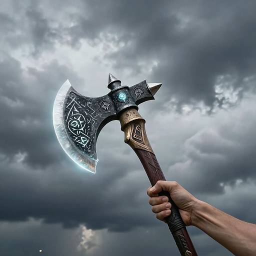 Photograph of a hand holding a glowing, ornate, double-edged axe with intricate designs and blue runes, set against a stormy, cloudy