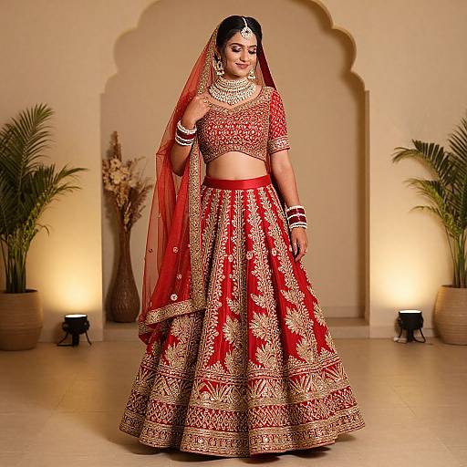 Photograph of a South Asian woman in a red and gold traditional lehenga with intricate embroidery, matching dupatta, and jewelry, standing in a warmly
