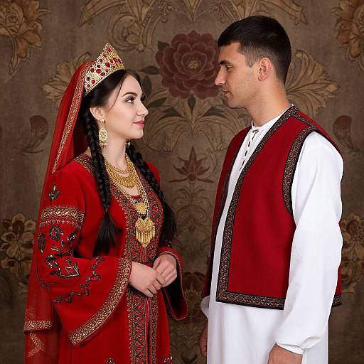 Vibrant Russian Traditional Attire Duo