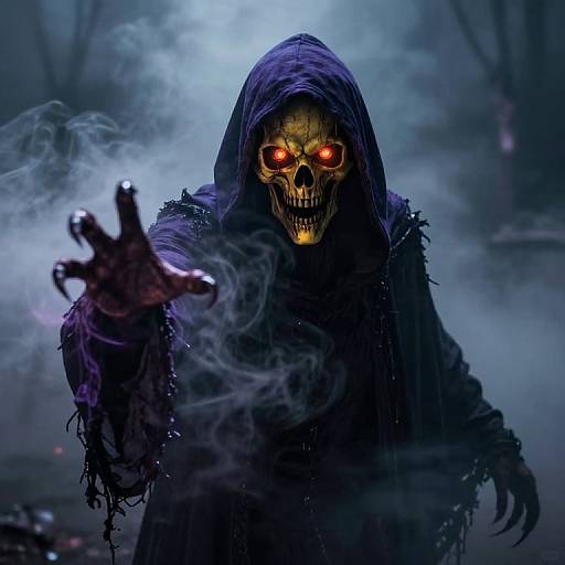Digital artwork of a menacing, skeletal figure with glowing red eyes, reaching out with a dark, clawed hand, surrounded by eerie blue smoke in a