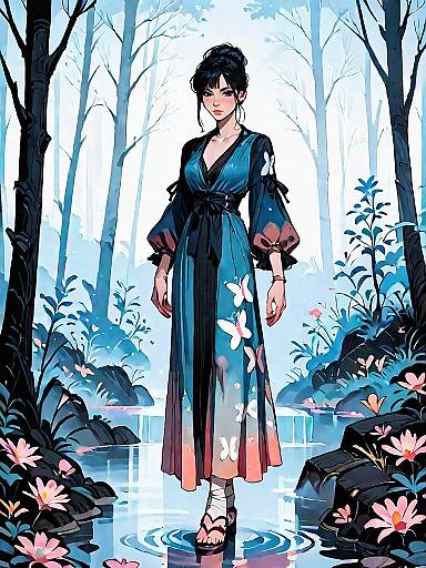 Dark Fantasy Woman in Flowing Maxi Dress in Enchanted Forest