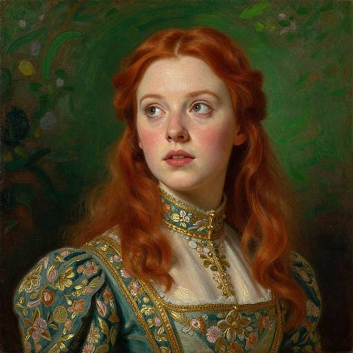 Digital painting of a fair-skinned, red-haired woman with wavy hair, wearing an ornate, floral-patterned dress, set against a dark