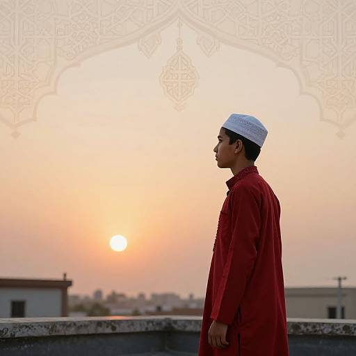 Muslim Boy at Dawn with Islamic Patterns