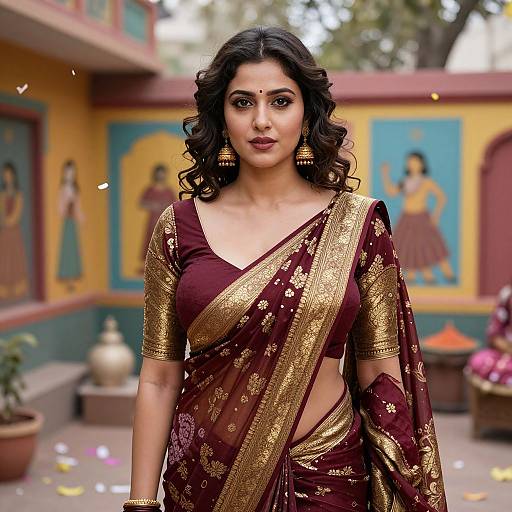 Photograph of a beautiful Indian woman with dark curly hair, wearing a maroon and gold saree, standing in a colorful, decorated courtyard with traditional