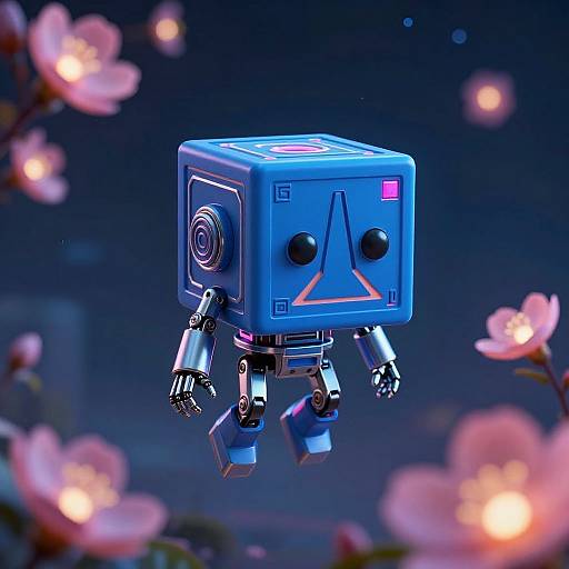 CGI image of a blue, blocky robot with triangular eyes and metallic legs, floating among pink cherry blossoms against a dark, starry night