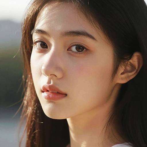 Close-up photograph of an East Asian woman with long dark hair, fair skin, and brown eyes, softly lit by sunlight.