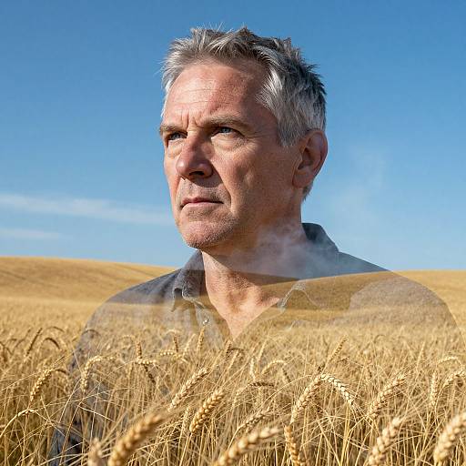 Photograph of a middle-aged man with gray hair standing in a golden wheat field under a clear blue sky, looking thoughtfully into the distance.