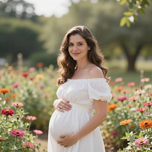 Pregnant Woman in White Dress in Flower Garden