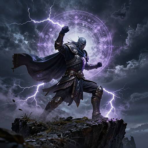Digital art of a muscular warrior with blue helmet, dark armor, and flowing cape, standing on a rocky cliff, surrounded by a glowing purple magic circle
