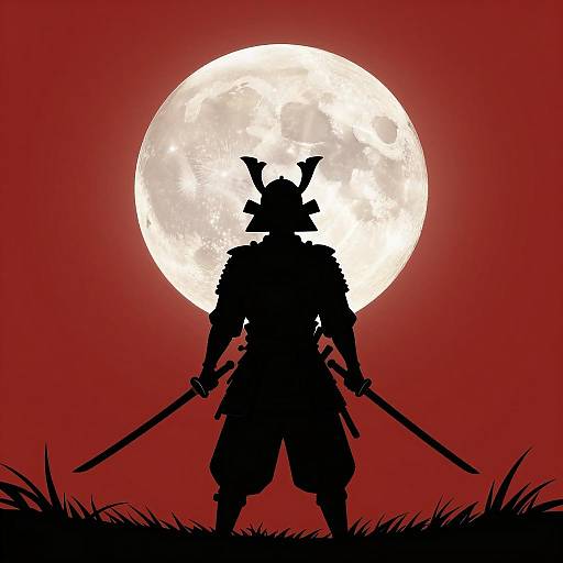 Silhouetted Samurai Warrior Against Full Moon