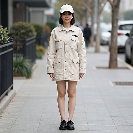 Photograph of an Asian woman in a white cap and beige military-style dress standing on a city sidewalk, wearing black shoes.