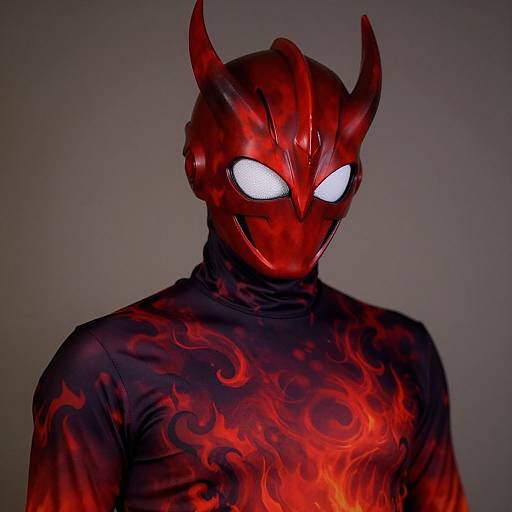Photograph of a person in a red, flame-patterned, devil mask with glowing white eyes, against a gray background.